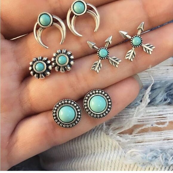 2 Sets Retro Turquoise Stud Women's Four Pair In Each Set - Picture 2 of 4